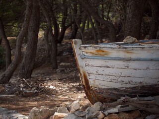 old wooden boat in a pine forest on the island of Čiovo trogir in croatia