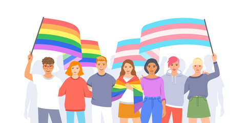 LGBT pride month. Gay parade. Group of lesbian, gay, bisexual and transgender young people holding rainbow flag. Homosexual love demonstration. Movement against discrimination by sexuality - obrazy, fototapety, plakaty
