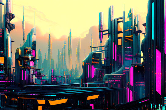 Cyberpunk Streets Illustration, Futuristic City, Dystoptic Artwork At  Night, 4k Wallpaper. Stock Photo, Picture and Royalty Free Image. Image  191177049.