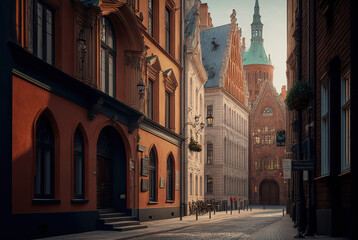 European street in town, city. Generative AI image.