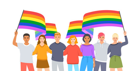 LGBT pride month. Gay parade. Group of lesbian, gay, bisexual and transgender young people holding rainbow flag. Homosexual love demonstration. Movement against discrimination by sexuality
