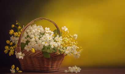 White flowers in wooden basket on yellow spring background. AI generative. 