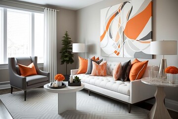 A minimalist living room with clean lines, featuring pops of bold orange neutral colours, and simple decor