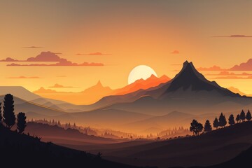 A stunning sunset view of the tall hills on a hazy day. Generative AI