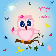 Collection (series) of vector flat illustrations of a cute cartoon pink owl sits on a blossoming spring tree branch and admires colorful butterflies
