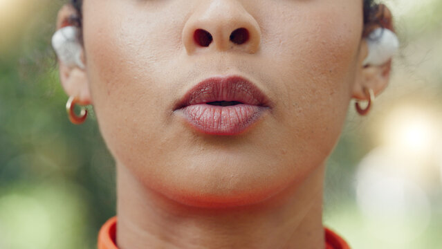 Breathing, inhale and exhale with woman for peace, calm and meditation and spiritual wellness. Breathe, fitness and yoga with young female and zen exercise practice in outdoors nature park