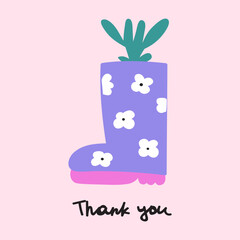 Rubber garden boot. Phrase - Thank you. Hand drawn illustration on pink background.