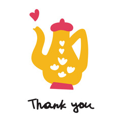 Yellow teapot. Phrase - thank you. Hand drawn illustration on white background.