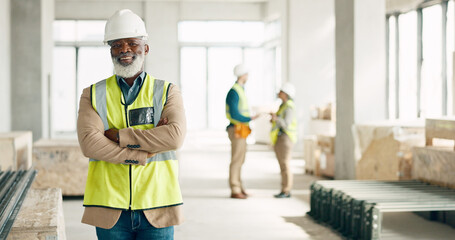 Senior black man, architect and business construction with crossed arms for building industry on site. Portrait of a confident elderly African male engineer, builder or architecture at the workshop
