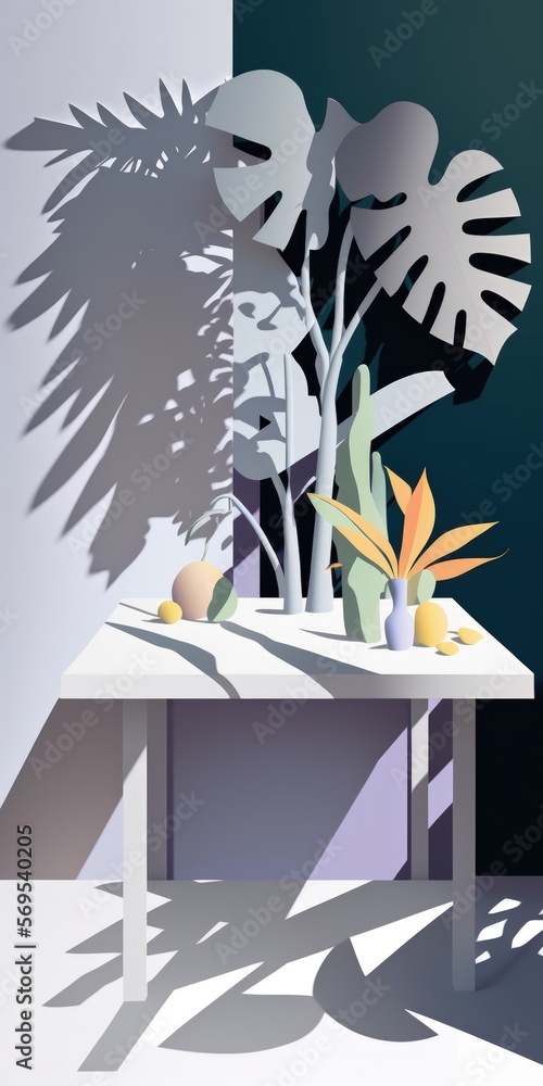 Poster background of white table and abstract geometric wall with shadows of flowers and palm leaves overla