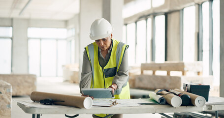 Construction woman, tablet or architect blueprint with engineer planning, documents or research on...
