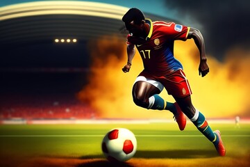 Best Football Player in Action Soccer Player Running with Ball in Ground Illustration Background AI