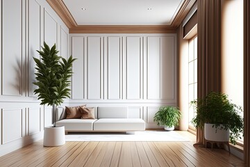 Modern interior of empty living room with plants. Generative AI