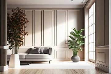 Fototapeta premium Modern interior of empty living room with plants. Generative AI