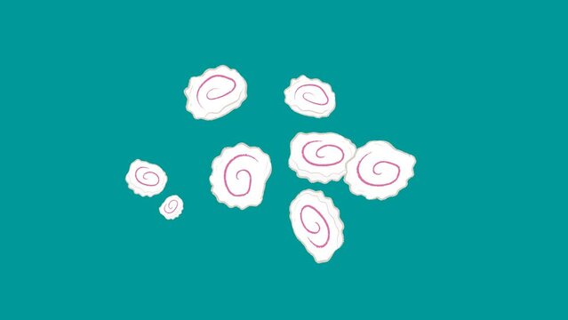 Sliced pink round fish cake kamaboko in flat illustration footage video