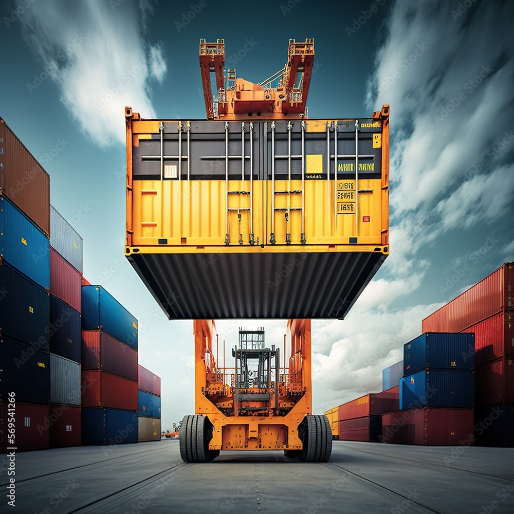 Poster crane loading container box to container cargo freight ship in port shipping containers a logistics 