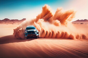 Electric SUV driving in the desert with dust,illstration generative ai content by Midjourney