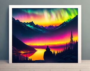 Best Silhouette of a Person in the Mountains Watching the Beautiful Aurora Borealis in the sky Illustration Background AI 