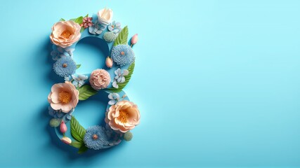 8 March. International Women's Day. Floral number 8, blue background.