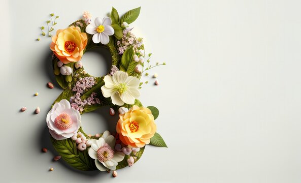 8 March. International Women's Day. Floral number 8, white background. 