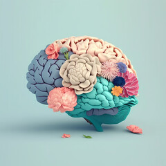 Human brain with flowers, self care and mental health concept, positive thinking, creative mind, generative AI