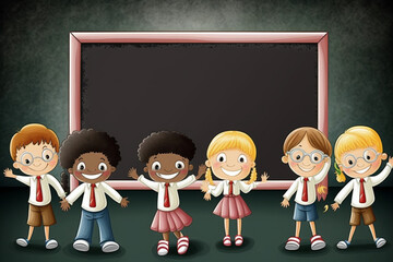 Cartoon school children with blank chalkboard. Generative AI