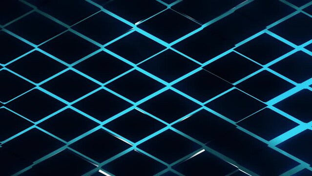 3D futuristic animated background with turbulent wavy black diamond tiles and backdrop toxic blue light, abstract live wallpaper
