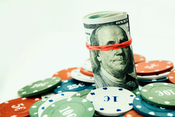Poker concept, poker chips, money, poker dice