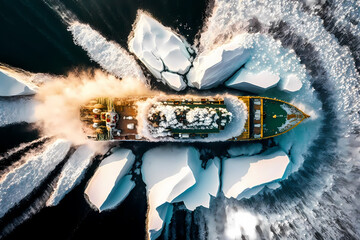 Icebreaking vessel ship in northern Arctic ocean, sunny day of winter, aerial top view. Generation AI