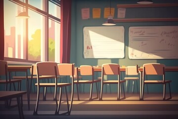 Back to school concept. Classroom in blur background without young student; Blurry view of elementary class room no kid or teacher with chairs and tables in campus. Generative AI