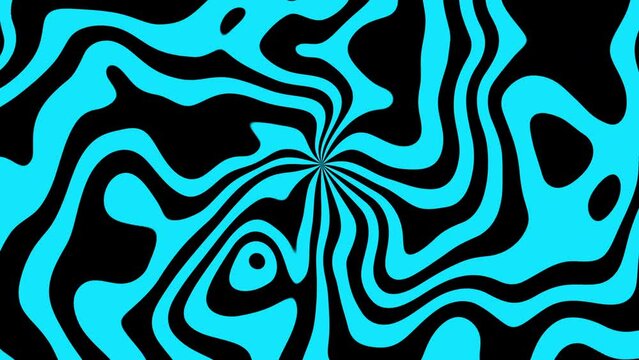 Surreal black and cyan psychedelic spiral optical illusion. Abstract hypnotic animated background. Seamless looping animation.