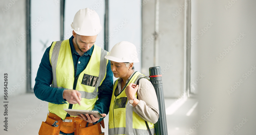 Poster Construction, tablet and collaboration with an architect and engineer working as a team together on a building site. Teamwork, communication or technology with a man and woman at work in architecture