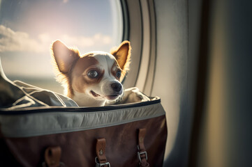 Happy traveler dog in bag transportation in airplane and train transport. Concept travel with pet animal. Generation AI
