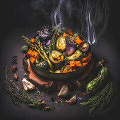  plant-based cuisine with our roasted vegetable vegan food photography. High-quality images showcase a vibrant array of fresh, healthy veggies roasted with herbs and spices. Generative Ai