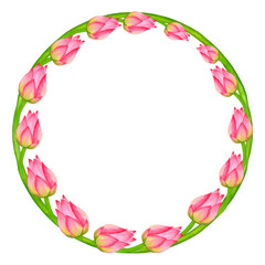 Fototapeta na wymiar Round frame wreath of pink lotus buds and green stem. Tropical plant of Asia. Hand-drawn watercolor illustration isolated on white background