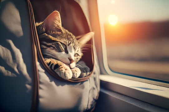 Happy Traveler Cat In Bag Transportation In Airplane And Train Transport. Concept Travel With Pet Animal. Generation AI