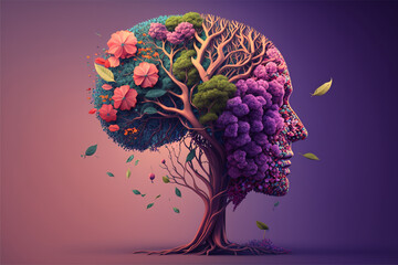 Arbre cérébral humain avec des fleurs, concept de soins personnels et de santé mentale, pensée positive, esprit créatif. créer avec ia