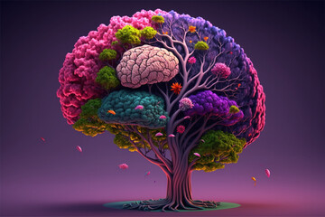 Arbre cérébral humain avec des fleurs, concept de soins personnels et de santé mentale, pensée positive, esprit créatif. créer avec ia
