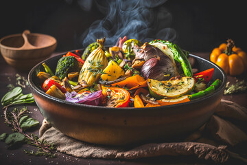 Fototapeta na wymiar plant-based cuisine with our roasted vegetable vegan food photography. High-quality images showcase a vibrant array of fresh, healthy veggies roasted with herbs and spices. Generative Ai