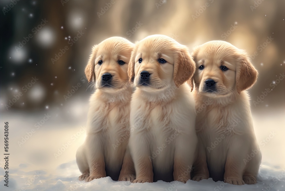 Poster lovely blurring image of three golden retriever pups sleeping in the snow. generative ai