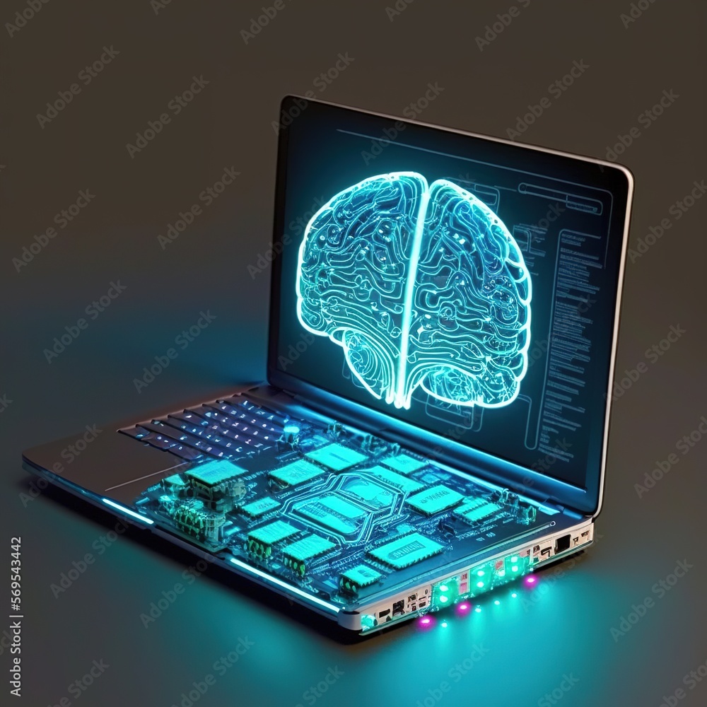 Poster laptop with brain hologram. futuristic design of artificial intelligence brain with circuit board. l