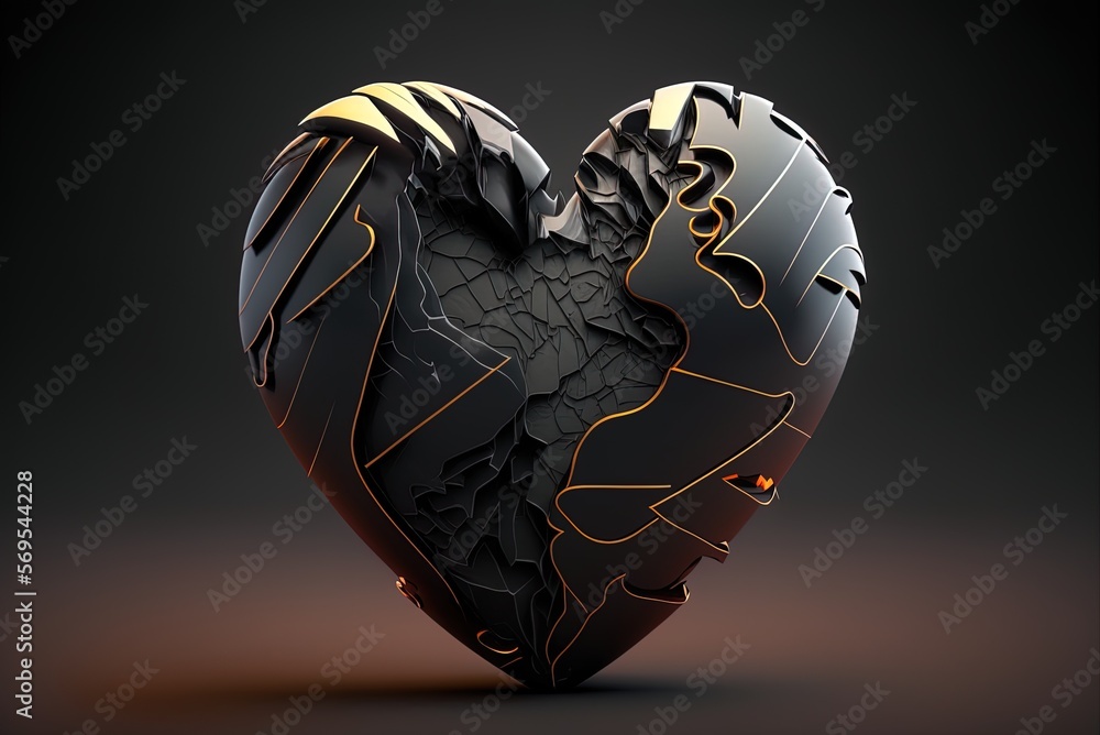 Poster image of a black onyx heart with a red x across it representing its damaged condition. generative ai