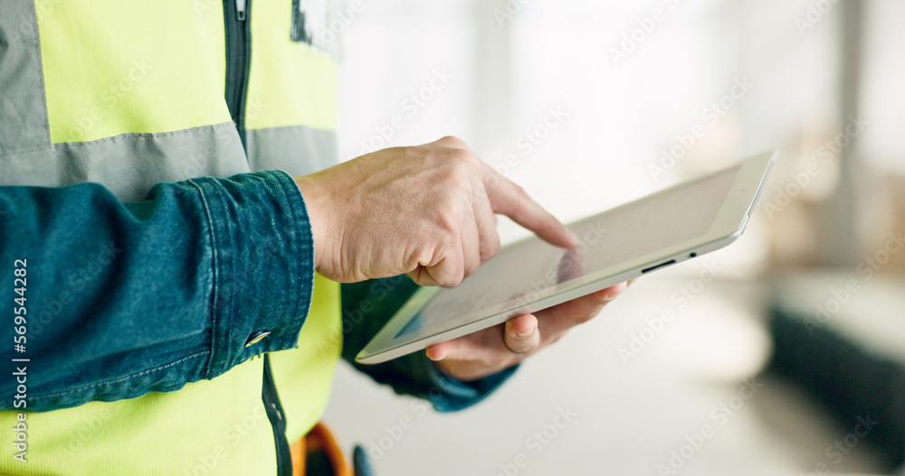 Poster building, digital tablet and construction worker hands planning and schedule at a site, checking onl