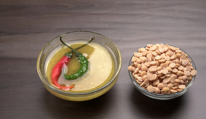 Arhar or Toor dal or Split Pigeon Pea or Yellow lentils or Pulses, top view, India