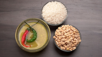 Arhar or Toor dal or Split Pigeon Pea or Yellow lentils or Pulses, top view, India