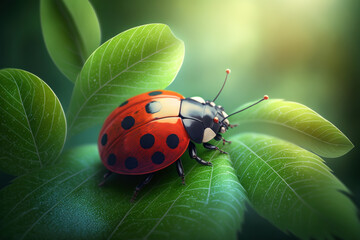 Fototapeta premium closeup of ladybug on leaf. generative ai