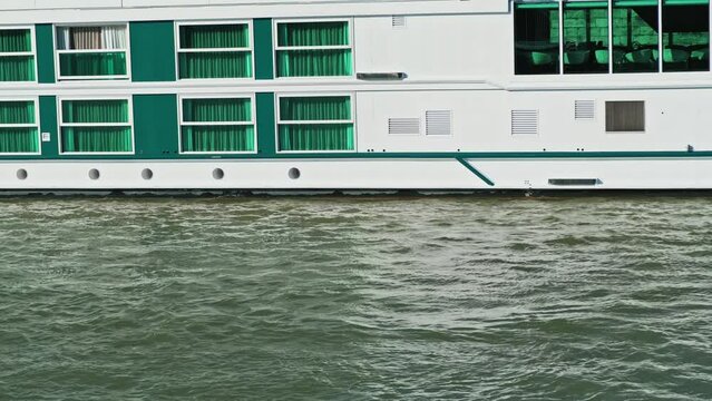 Close up footage of Cruise Ship on Danube River.