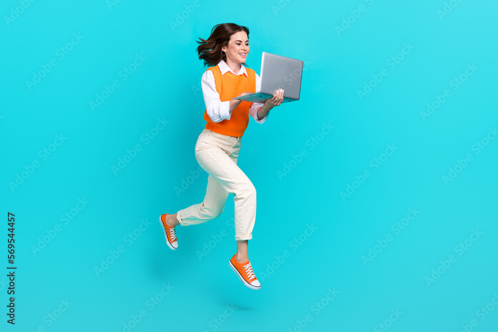 Poster full body photo of attractive programmer office worker girl hold netbook order online shopping isola