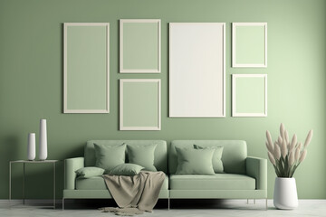 Light Sage Green Wall with Six Vertical Paintings - Mockup