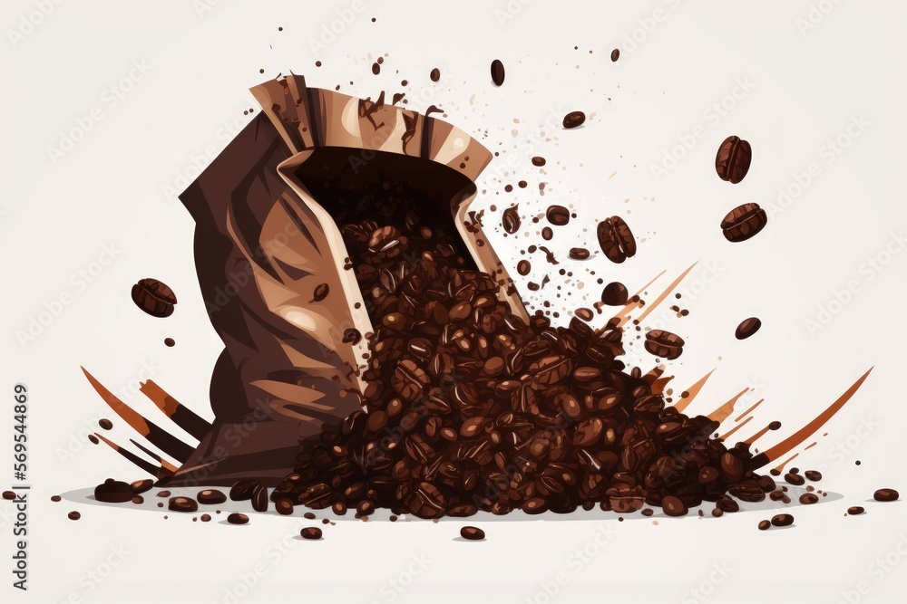 Poster A pile of dark, roasted coffee beans in a bag spills on a white background. This wallpaper design is fresh and vibrant. Generative AI